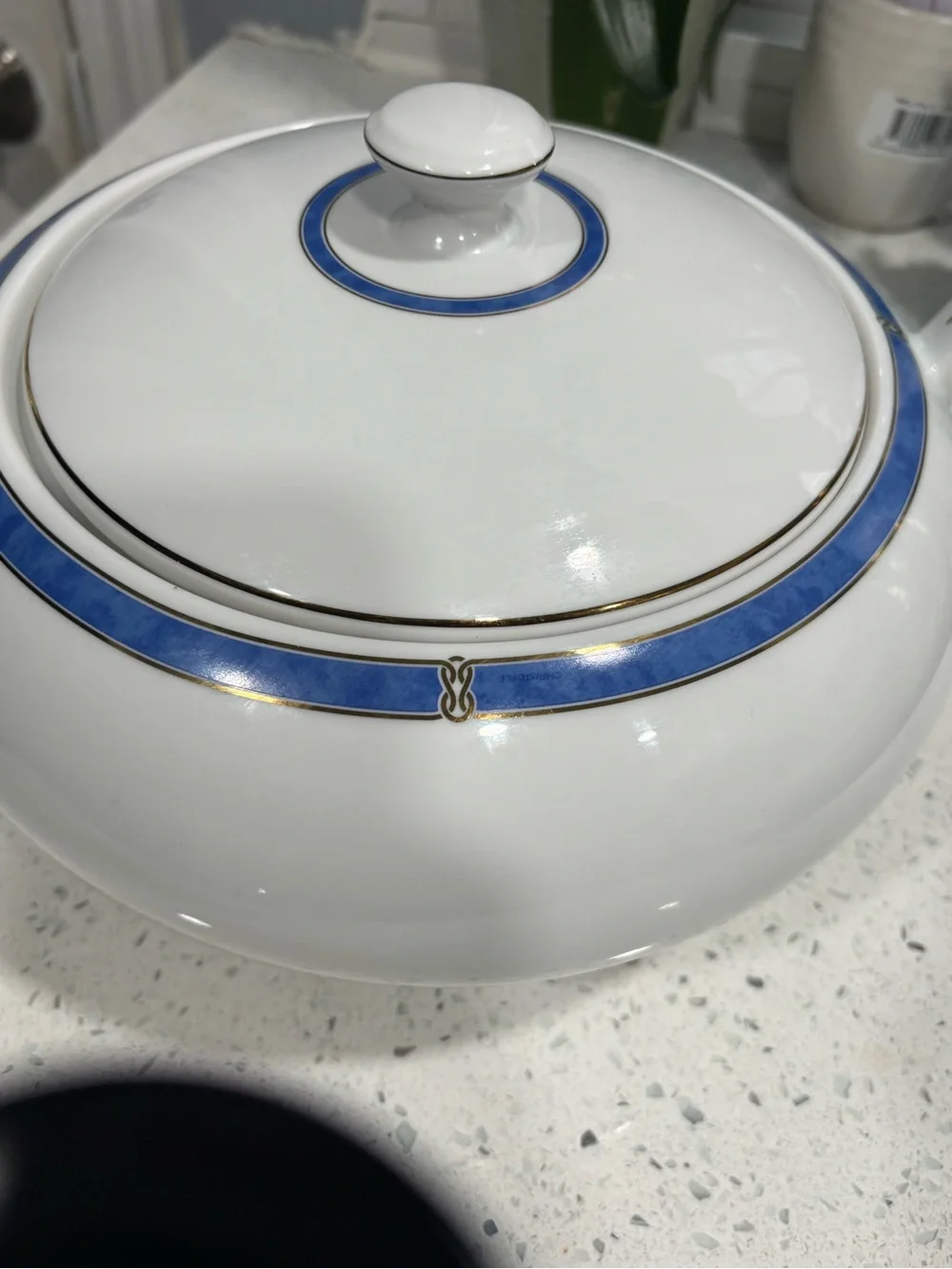 Christofle White Porcelain Covered Soup Tureen with Blue Band
